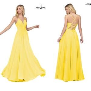Abby Paris formal Gown 8 Butter Cup yellow Illusion plunging open back NWT $338